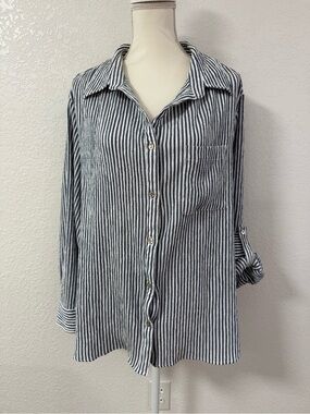 CHENAULT Button-Up Collared Woven Stretch Blue/White Striped Top Women 2X